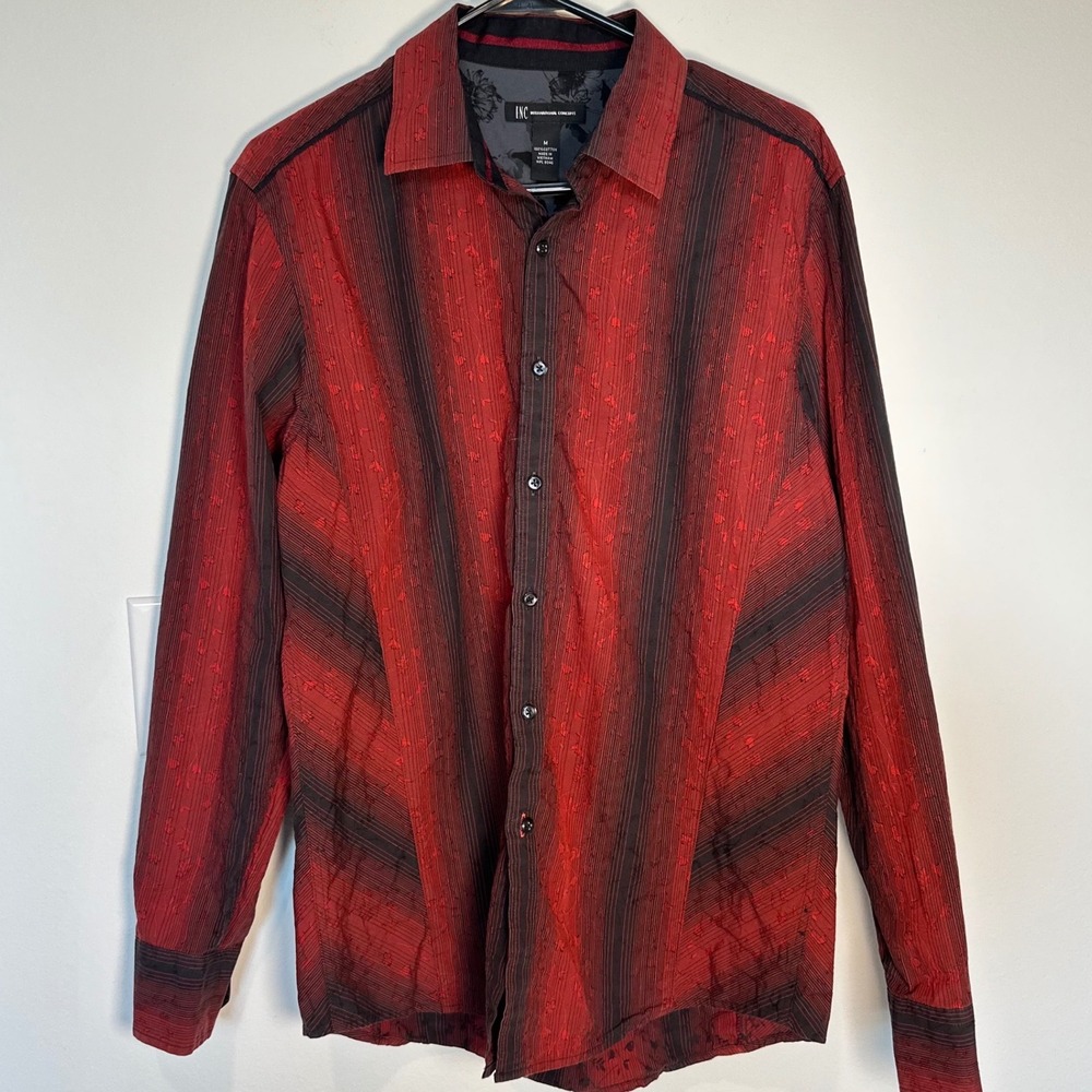 INC International Concepts Mens M‎ Red Black Floral Y2K Goth Slim Button Up